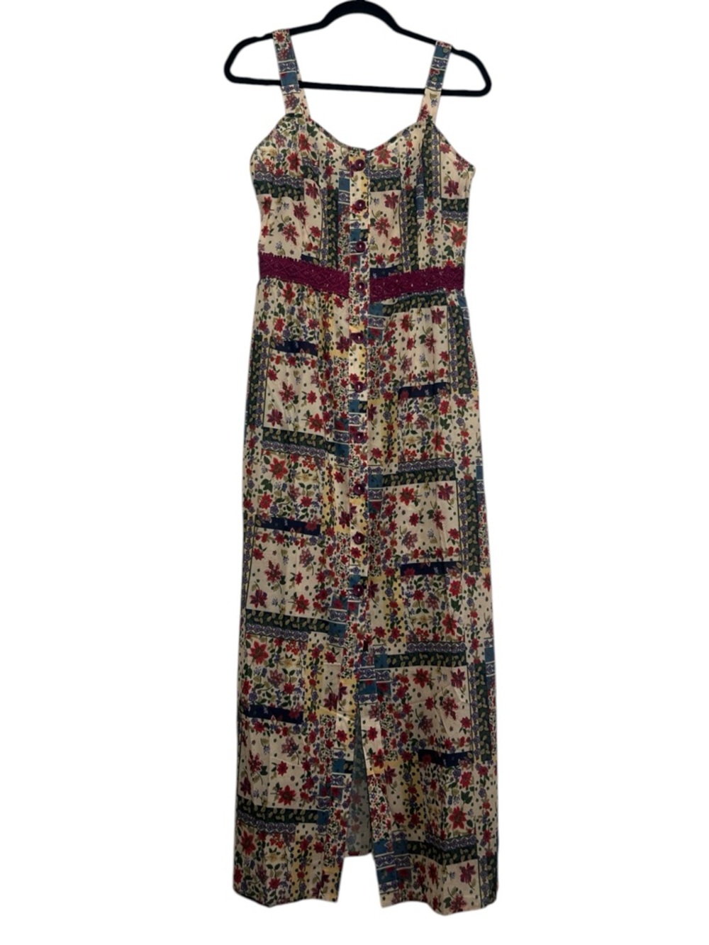 Floral Patchwork Maxi Dress with Burgundy Waist Detail Matching Burgundy Buttons